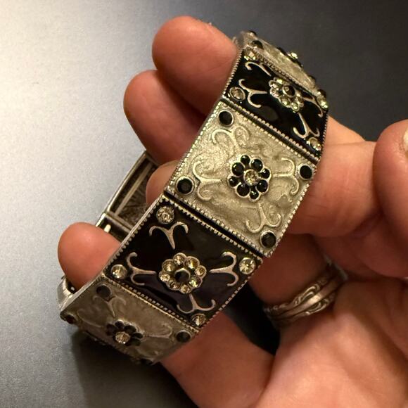 Vintage Art Deco Style Enamel Rhinestone Panel Bracelet - Picture 6 of 8